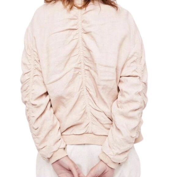 🌸 Free People Ruched Bomber Jacket Sz M • Pink Beige Linen Blend ✨ - Picture 2 of 5